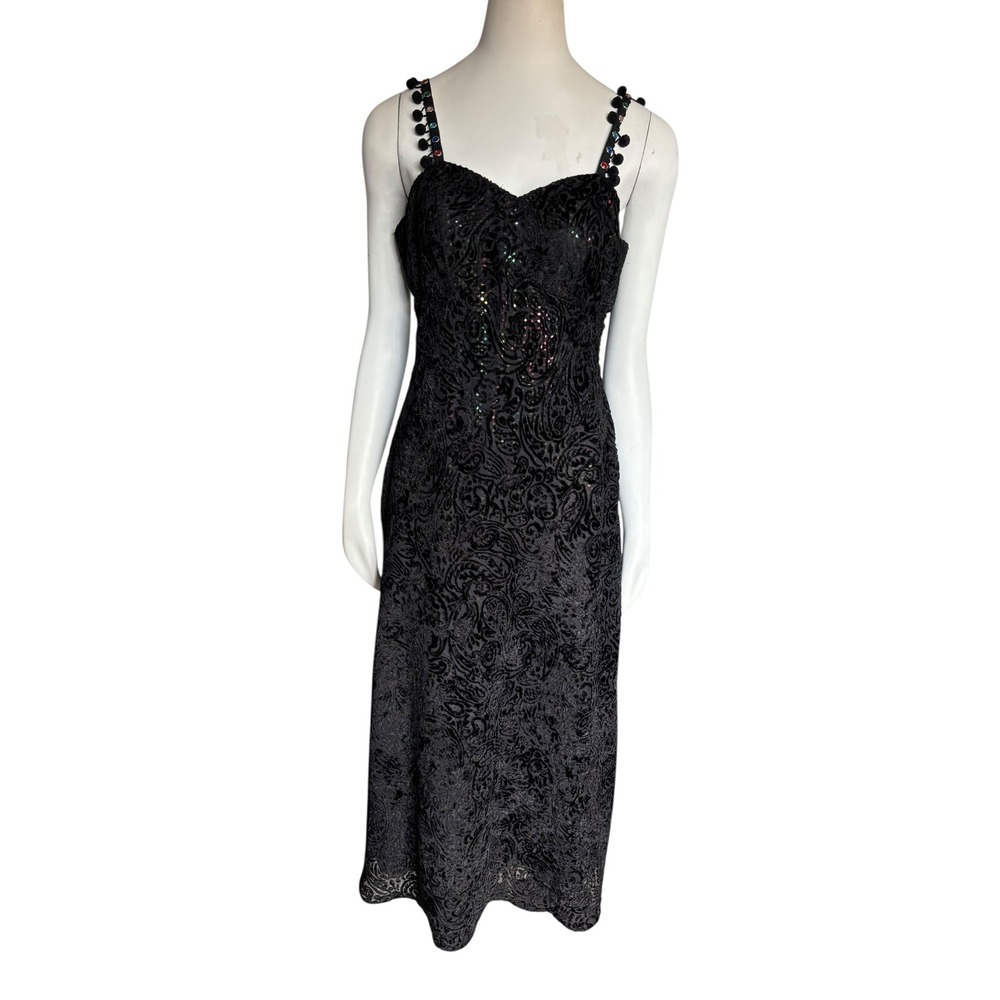 Black Velvet Dress Paisley Sequin Pom Pom Strap Midi Party Cocktail Evening